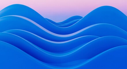 Fototapeta premium Abstract blue waves with a soft pink and purple gradient sky
