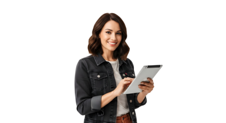 Smiling Businesswoman Using Tablet Device For Marketing Digital Solutions Strategy Now