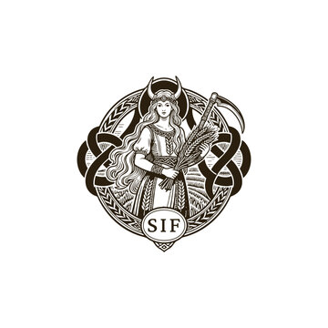 Vintage engraving style illustration of the Norse goddess Sif, associated with the earth and harvest, holding a bundle of wheat and a sickle