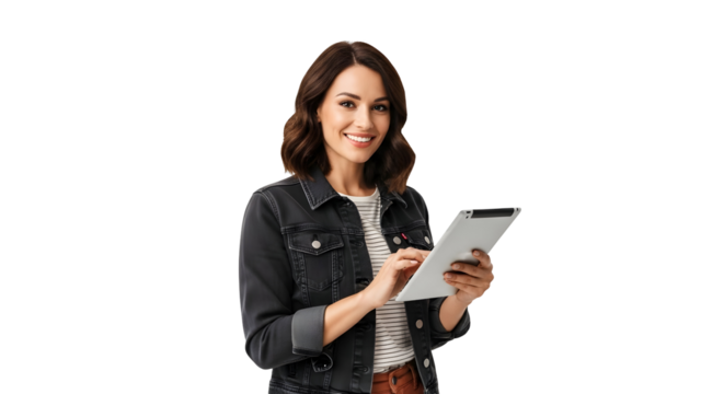 Smiling Businesswoman Using Tablet Device For Marketing Digital Solutions Strategy Now