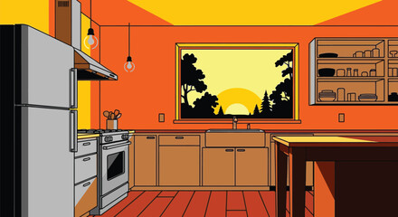 Modern kitchen design with sunset view and orange color scheme