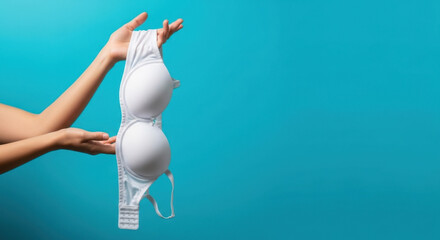 Bra in Hand Isolated on Blue Backdrop Fashion Concept Lingerie Underwear Support Body Form Contour Feminine Garment Elastic Comfortable Design