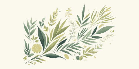 A whimsical botanical illustration of delicate green leaves and subtle yellow accents, evoking a sense of natural elegance and organic beauty