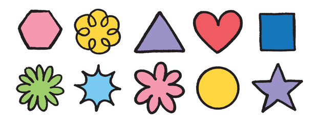 Chalk square, circle, triangle, star, flower and heart set. Crayon color kids geometric shapes. Hand drawn figures for children, poster, texture