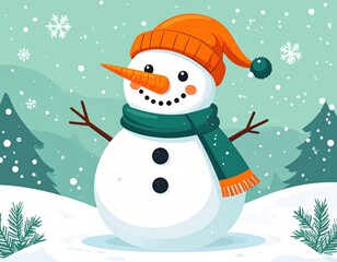 A cheerful snowman wearing an orange hat and green scarf stands amidst falling snowflakes and evergreen trees in a winter landscape.