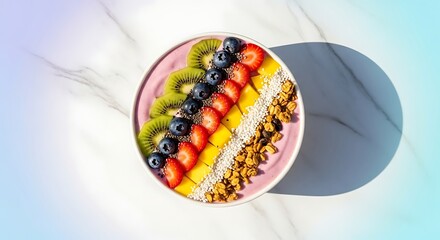 Healthy breakfast smoothie bowl artfully arranged with colorful fresh fruit toppings like kiwi, blueberries, and mango, served on a marble background