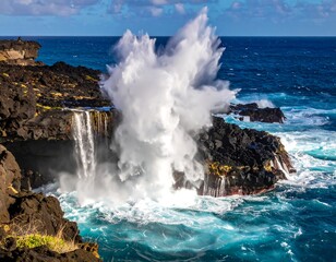 A large wave explodes against black, jagged coastal rock