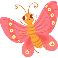 Happy Orange Butterfly With Pink Wings And Yellow Dots Dancing Joyfully Isolated On White Background