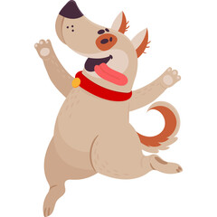 Happy Cartoon Dog Mascot With Tongue Out Wearing A Red Collar In A Playful Pose With Arms Raised And Legs Spread Against A Transparent Background In A Joyful Stance