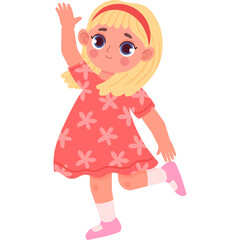 Happy Young Blond Girl Wearing a Coral Pink Dress with Flower Patterns and Pink Shoes Waving Hand While Standing on One Leg