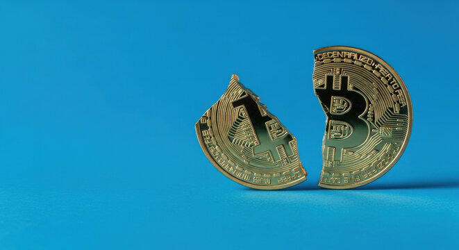 Broken Bitcoin Cryptocurrency Concept with Fragmented Digital Currency on Blue Background Financial Risk and Investment Challenges
