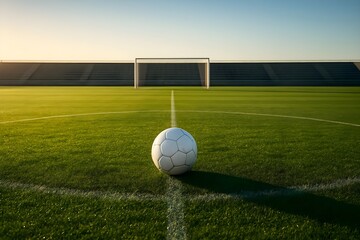 A lone soccer ball rests on a vibrant green football pitch at sunrise, with a goal in the background, symbolizing sport and potential.
