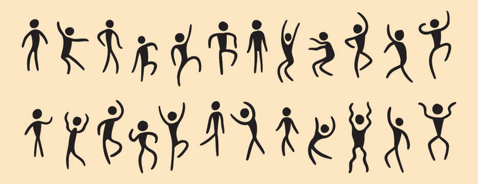 people figures african tribe hand drawn dancing people silhouette. primitive naive style of art. set of doodle people move.