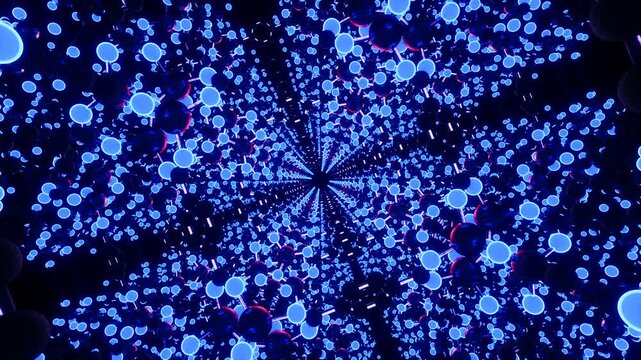 3D animation of the MOF-5 metal&ndash;organic framework showing a dynamic journey through a repeating lattice of zinc clusters and organic linkers, visualizing the structure of a porous nanomaterial.