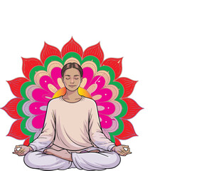 Obraz premium Woman meditating in lotus pose with colorful mandala background meditation yoga vector illustration EPS file download. 