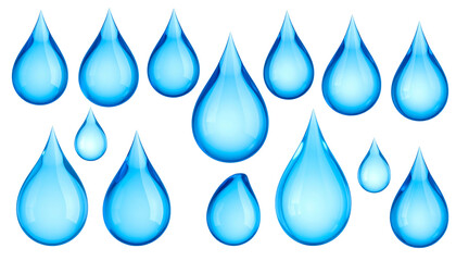 Blue water droplets are arranged in two rows against a black background, with bright highlights and rounded shapes