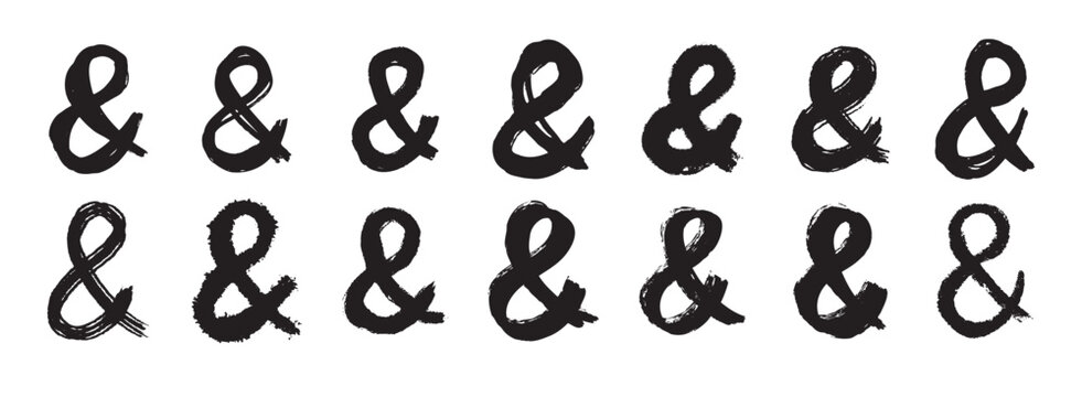 Ampersand bold letter mark ink brush grunge style set. Ampersand punctuation mark for lettering, social media, logo. Hand drawn icons isolated on white background