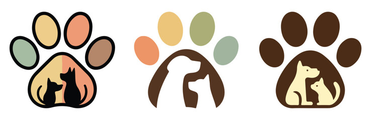 Fototapeta premium Pet care paw logo collection with cat and dog silhouettes inside paw print, animal rescue, veterinary clinic, adoption center, and pet shop identity design elements vector set