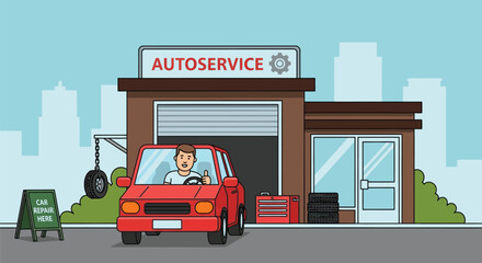 Automotive repair shop cartoon illustration with red car parked