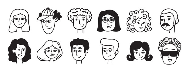 people avatars for social media, website doodle hand drawn icon set. Outline drawing trendy portraits girls and guys line clipart symbol collection. 