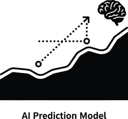 Black brain icon with dotted lines and circles showing upward trend graph and text A I Prediction Model