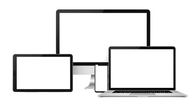Digital device mockups tablet, phone, laptop, and monitor, all with blank white screens for content insertion