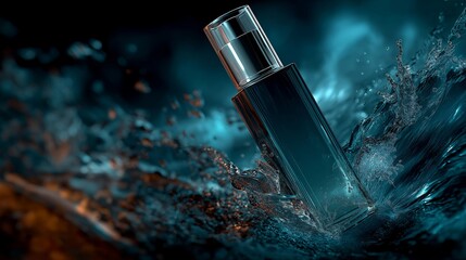 Luxurious dark glass perfume bottle with chrome cap splashing in dynamic water motion against a dramatic moody blue lighting background