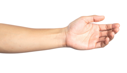 An isolated, extended human arm, palm up, against a dark background, displaying skin tone variations