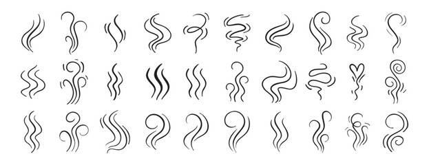 Fire steam or Line smoke doodle hand drawn set. smell waves from food or coffee and beverages sketch style.