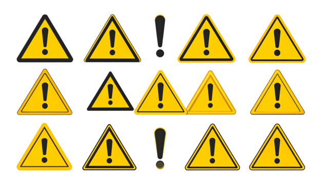 Collection of yellow warning triangles and exclamation points scattered on a dark background, hazard caution imagery