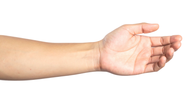 An isolated, extended human arm, palm up, against a dark background, displaying skin tone variations