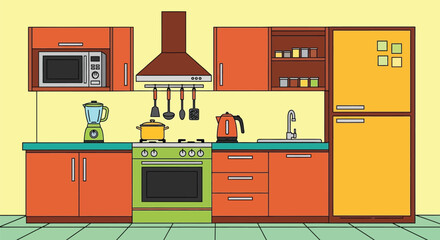 Kitchen interior design with appliances and colorful cabinets
