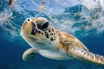 Fototapeta premium Sea turtle swimming near plastic debris in ocean
