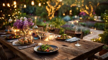 Rustic outdoor dinner table set with food and wine under string lights.