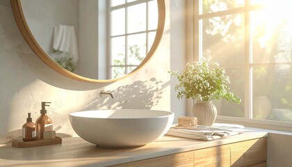 丸い鏡のある美しい洗面所の洗面台、さわやかなインテリア