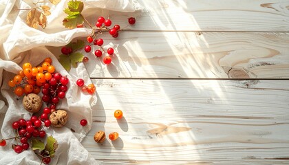 白樺の木目の美しいベリーのある落ち着いたリネンの乗ったテーブル、コピースペース