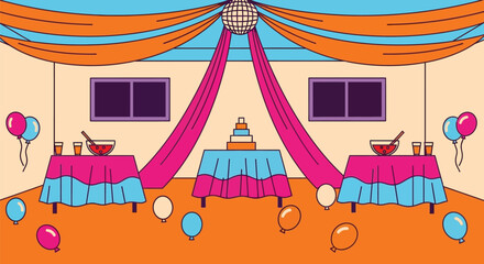 Party celebration event with cake balloons and disco ball vector