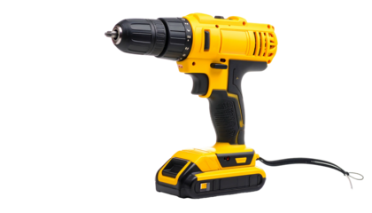 A yellow and black cordless drill, angled right with a detailed textured grip, sits against a stark black background
