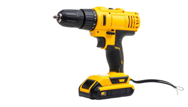 A yellow and black cordless drill, angled right with a detailed textured grip, sits against a stark black background
