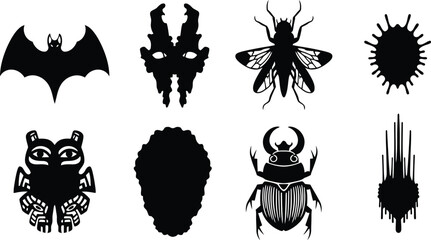 Vector silhouettes of bat bug and abstract shapes collection