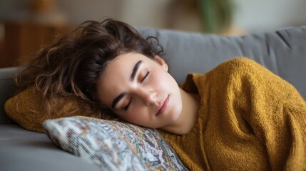Obraz premium Woman Sleeping Comfortably on Couch with Cozy Knit Sweater