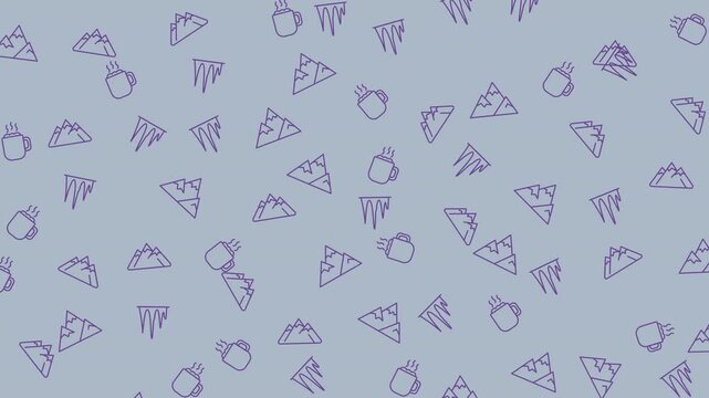 Seamless winter pattern featuring mountains, icicles, hot beverage cups on a grey backdrop. Perfect for winterthemed designs and backgrounds.