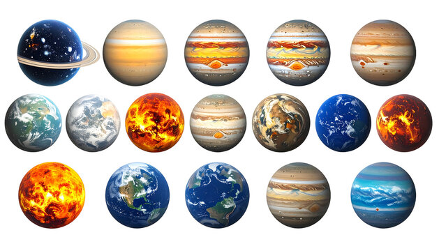 Colorful collection of digital planets, some with rings and varied textures, all against a black background