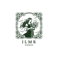 Vintage engraving style illustration of the Norse figure Ilmr, representing nature and spring, holding a large bouquet of wildflowers and wearing a floral wreath