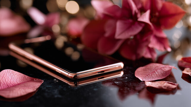Luxury smartphone with holiday bokeh and red petals
