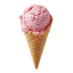 Single Scoop of Strawberry Ice Cream in Waffle Cone on White Background. 