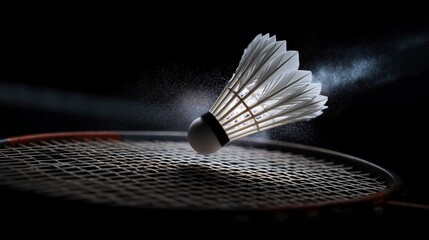 Action shot of a shuttlecock just crossing the net, dramatic lighting, emphasis on speed and trajectory.