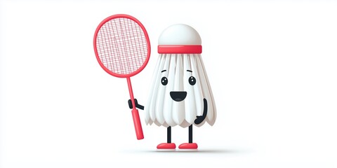 Cartoon-style shuttlecock character with smiling face holding a racket, isolated on white background, fun illustration.