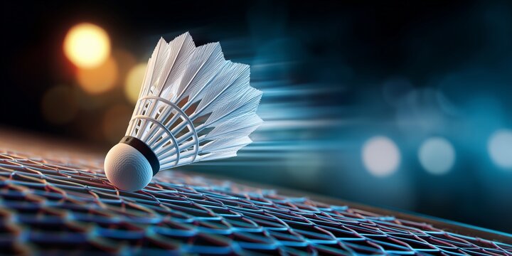 Flying shuttlecock in mid-air above a badminton net, motion blur effect, vibrant sports atmosphere.
