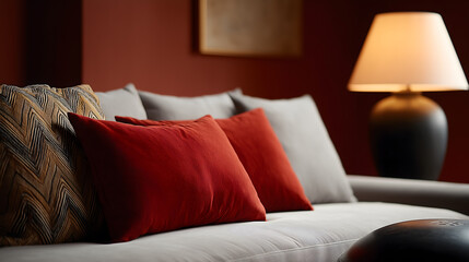 Cozy living room interior with red and neutral pillows and warm lamp light